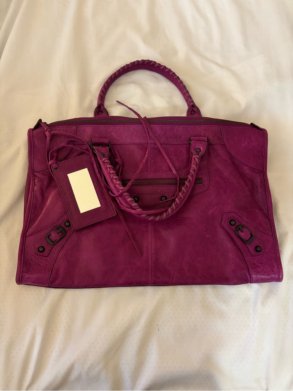 Magenta Lambskin Leather City Work Tote Bag